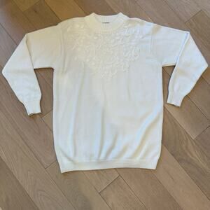 Vintage 90s Dana Scott Floral Ivory White Sweater Womens L Cottagecore